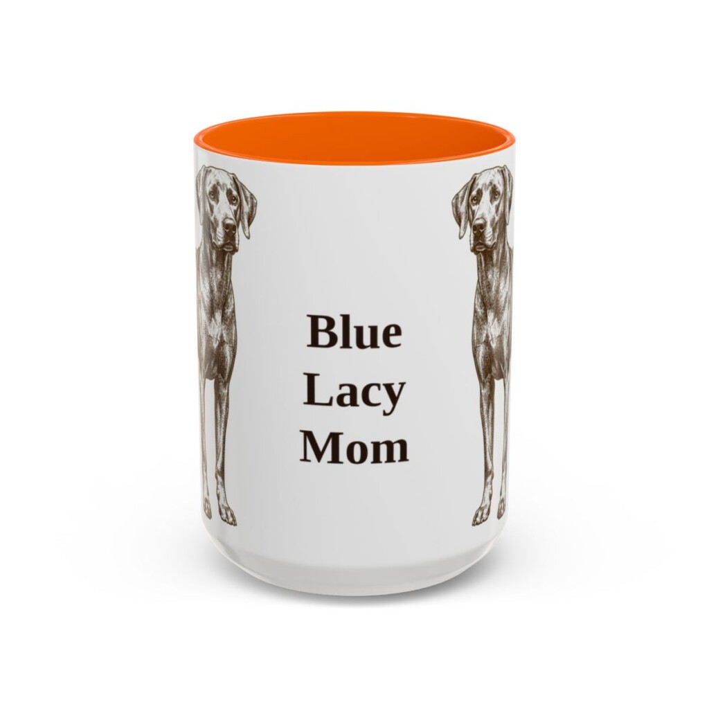 15oz Blue Lacy Dog Mom Mug, Orange, front view