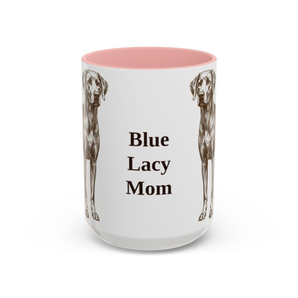 15oz Blue Lacy Dog Mom Mug, Pink, front view