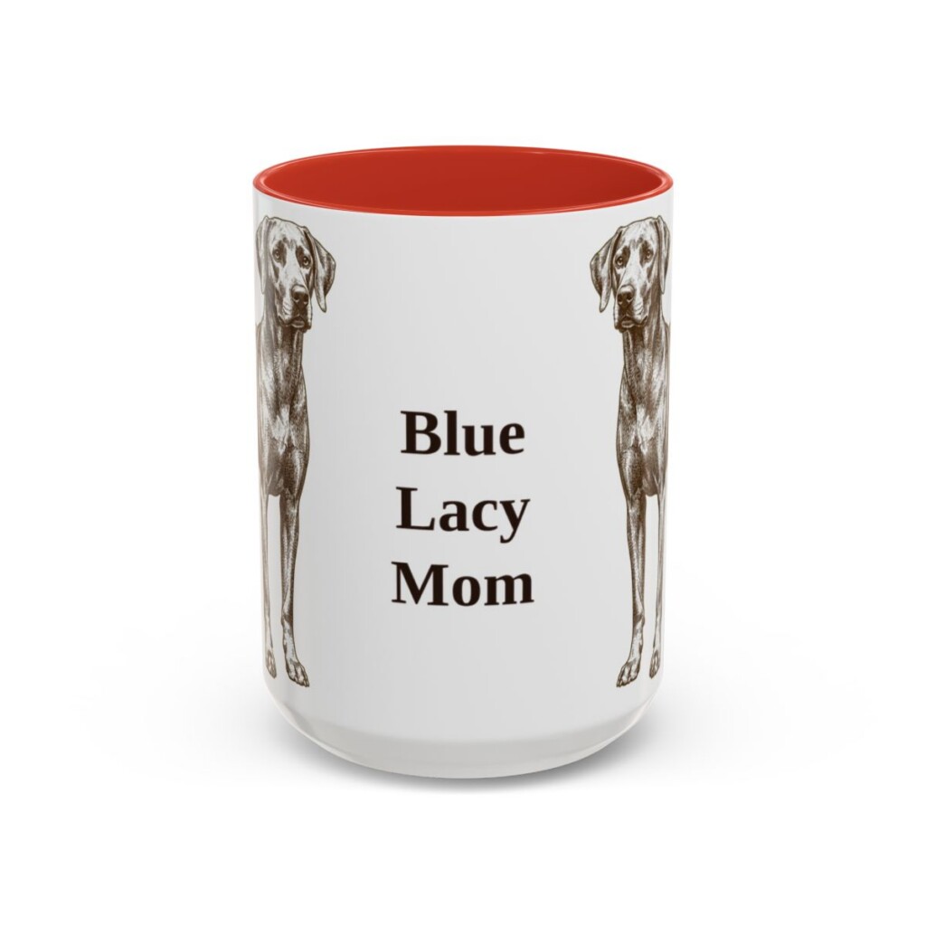 15oz Blue Lacy Dog Mom Mug, Red, front view
