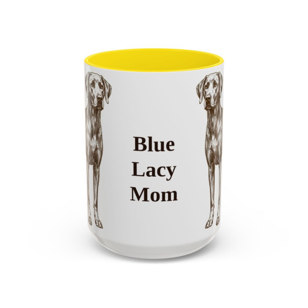 15oz Blue Lacy Dog Mom Mug, Yellow, front view
