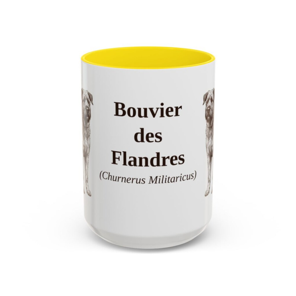 15oz Bouvier des Flandres Latin Mug, Yellow, front view