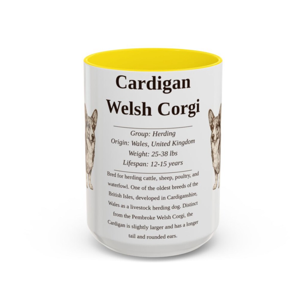 15oz Cardigan Welsh Corgi Mug, Yellow, front view