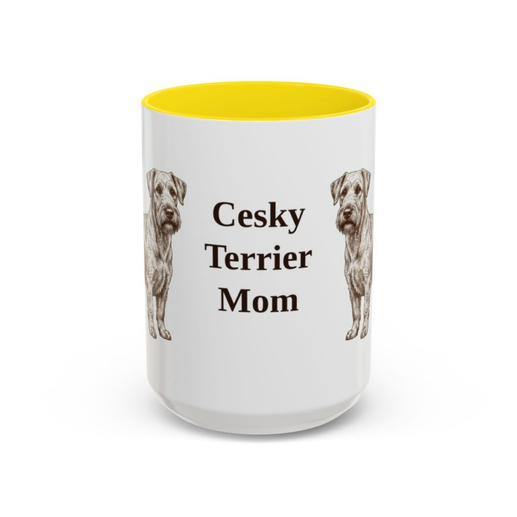 15oz Cesky Terrier Dog Mom Mug, Yellow, front view