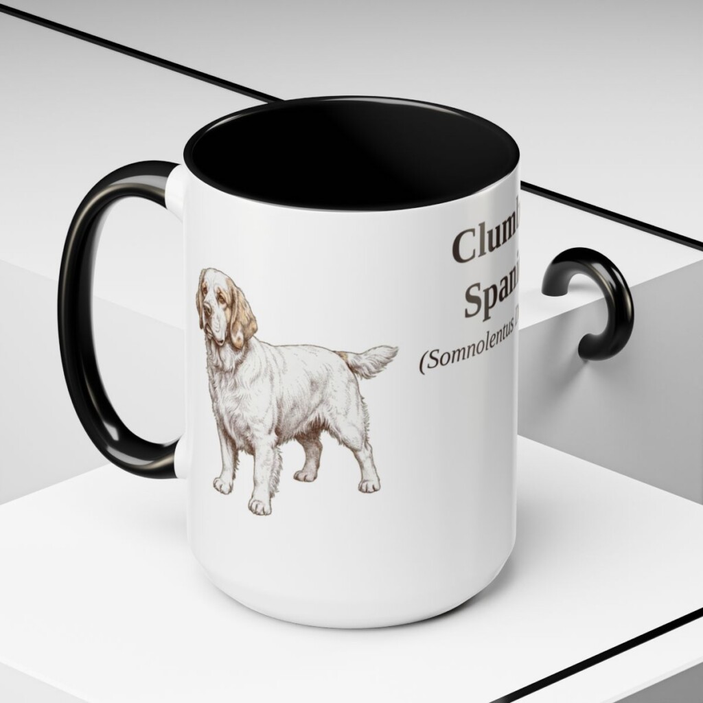 15oz Clumber Spaniel Latin Mug, Black, lifestyle photo
