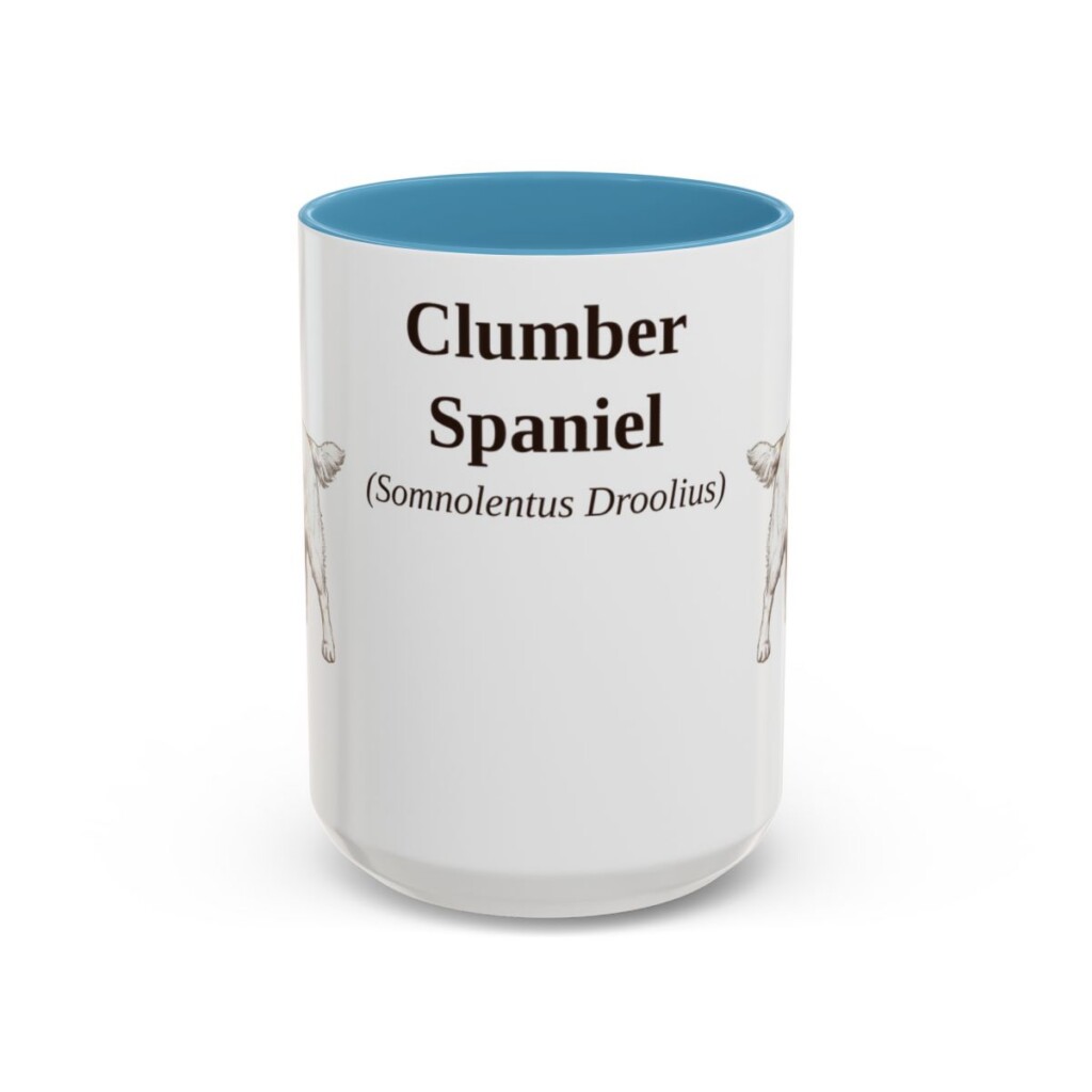 15oz Clumber Spaniel Latin Mug, Light Blue, front view