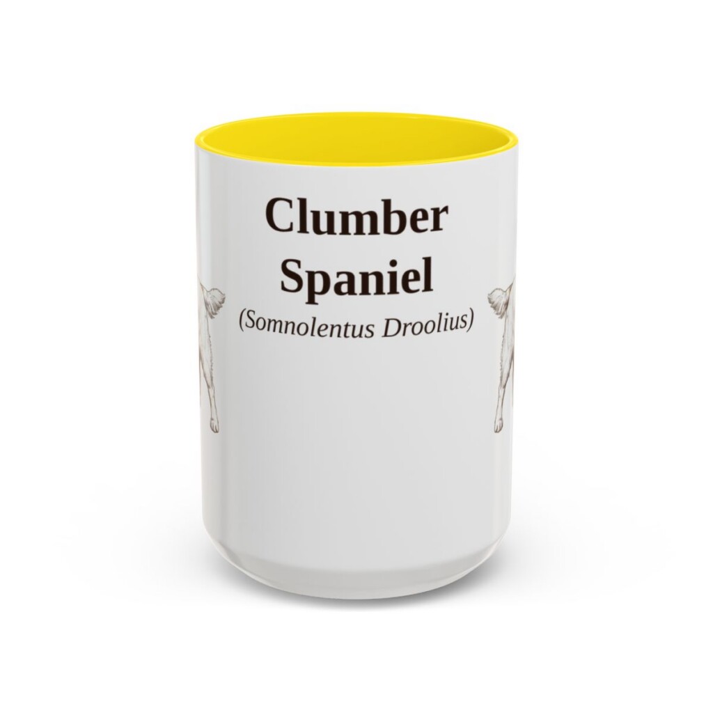15oz Clumber Spaniel Latin Mug, Yellow, front view