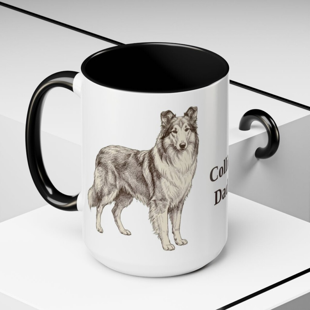 15oz Collie Dog Dad Mug, Black, lifestyle photo