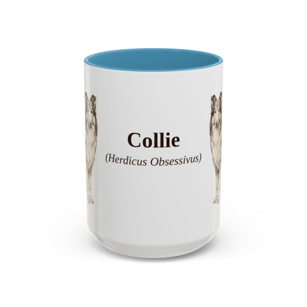 15oz Collie Latin Mug, Light Blue, front view