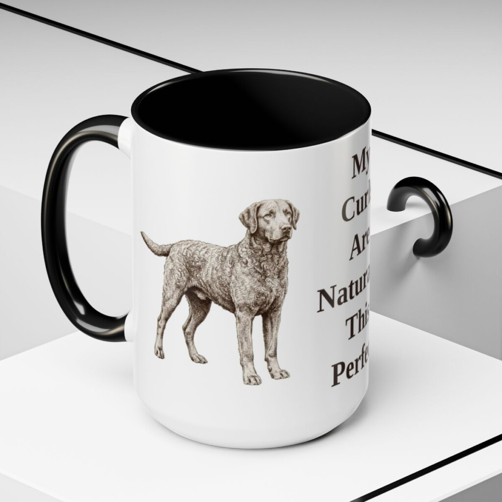 15oz-curly-coated-retriever-mug-humor-black-context-2 15oz Funny Curly-Coated Retriever Mug, Black, lifestyle photo