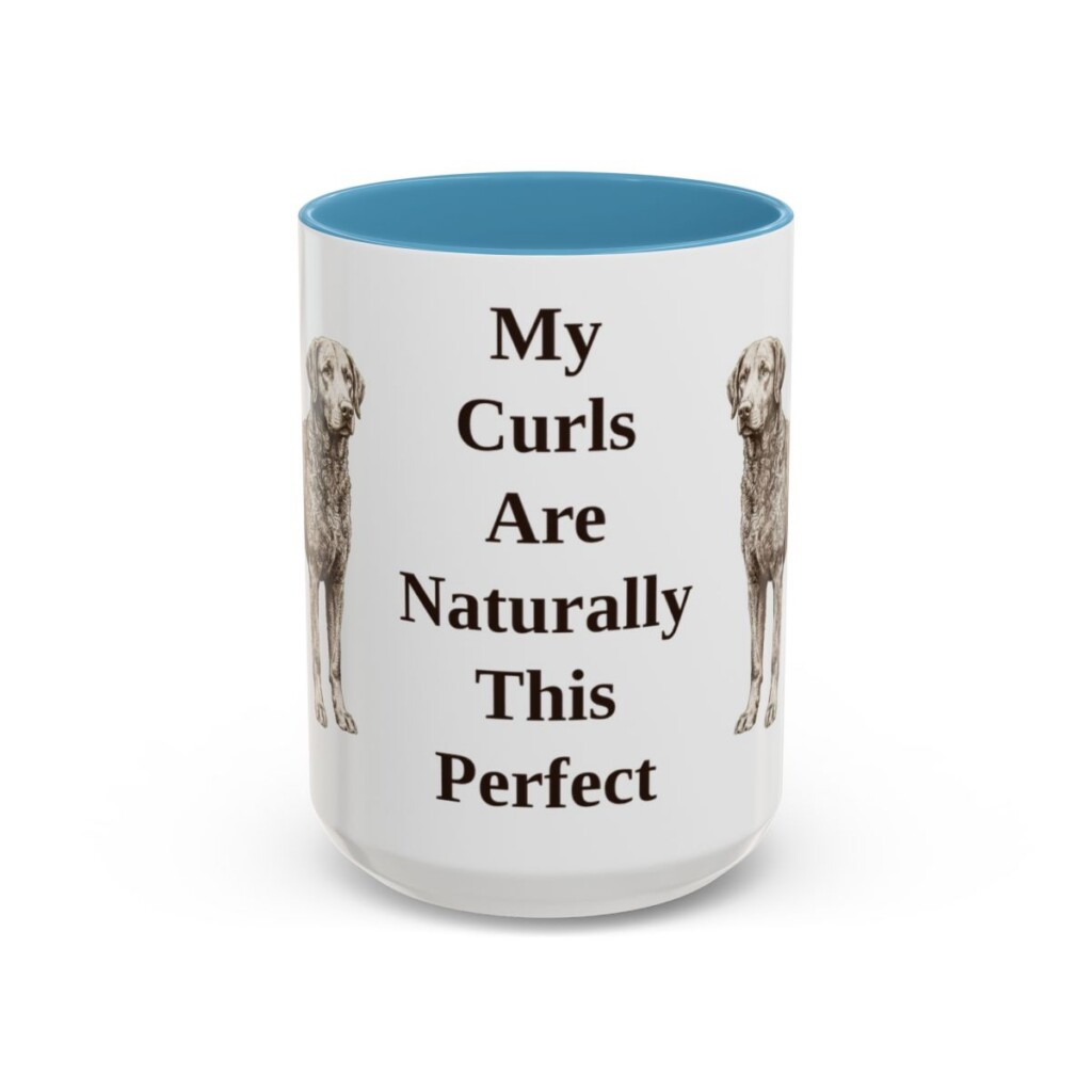 15oz-curly-coated-retriever-mug-humor-light-blue 15oz Funny Curly-Coated Retriever Mug, Light Blue, front view