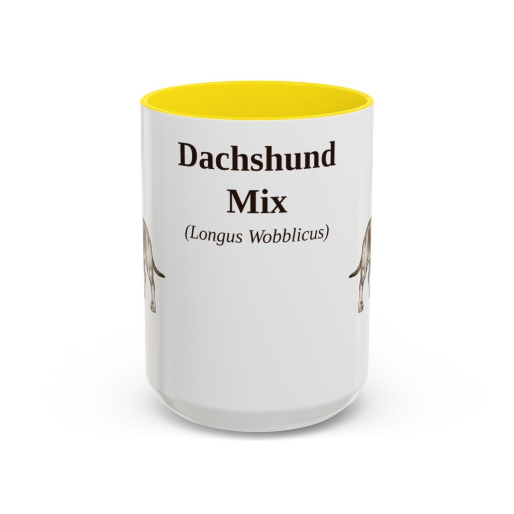 15oz Dachshund Mix Latin Mug, Yellow, front view