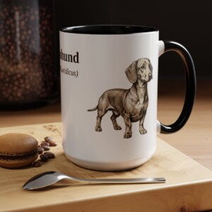 15oz Dachshund Latin Mug, Black, lifestyle photo