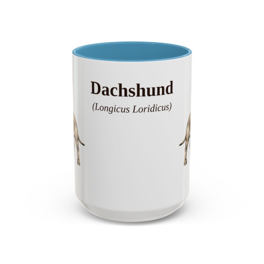 15oz Dachshund Latin Mug, Light Blue, front view