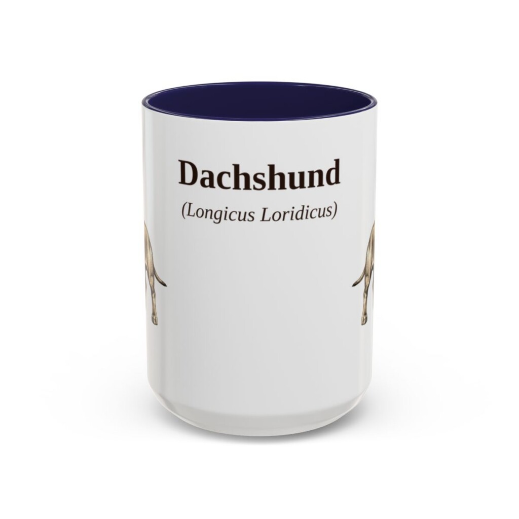 15oz Dachshund Latin Mug, Navy, front view