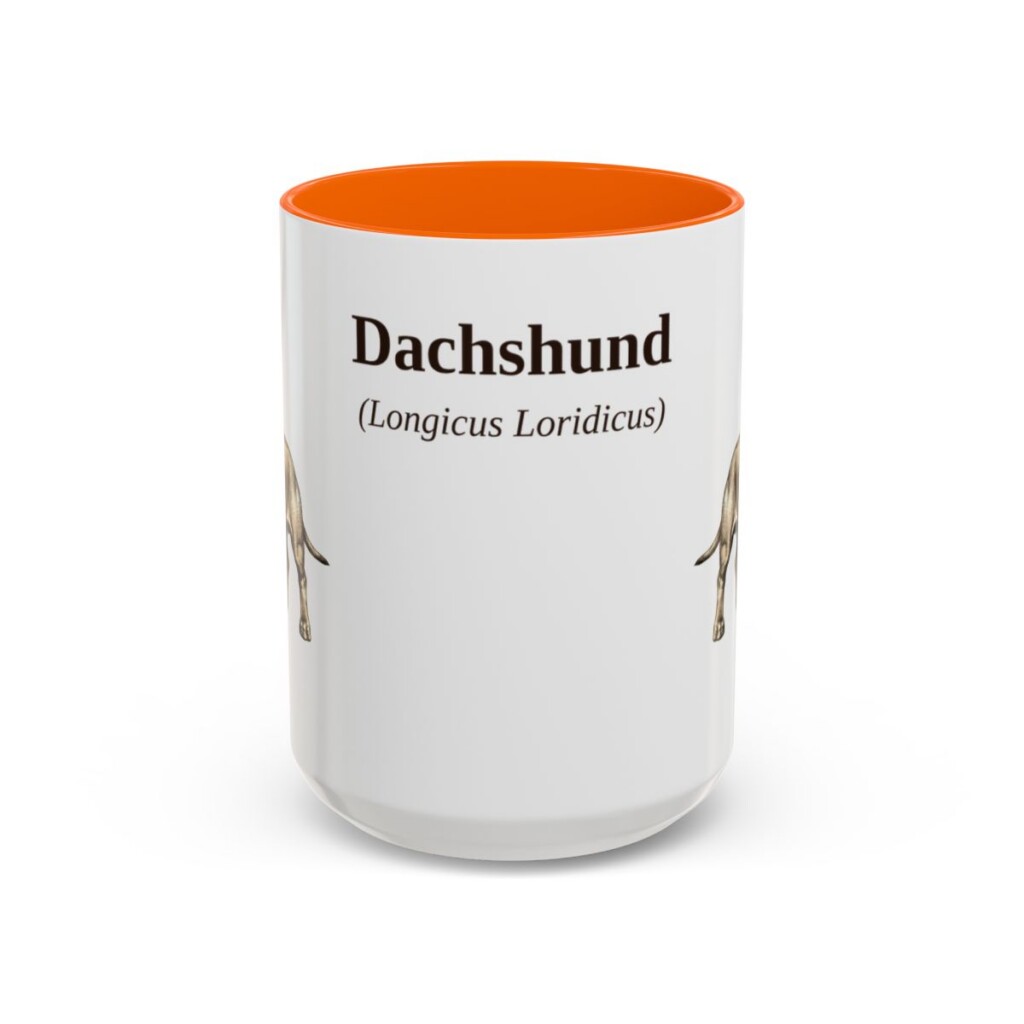 15oz Dachshund Latin Mug, Orange, front view