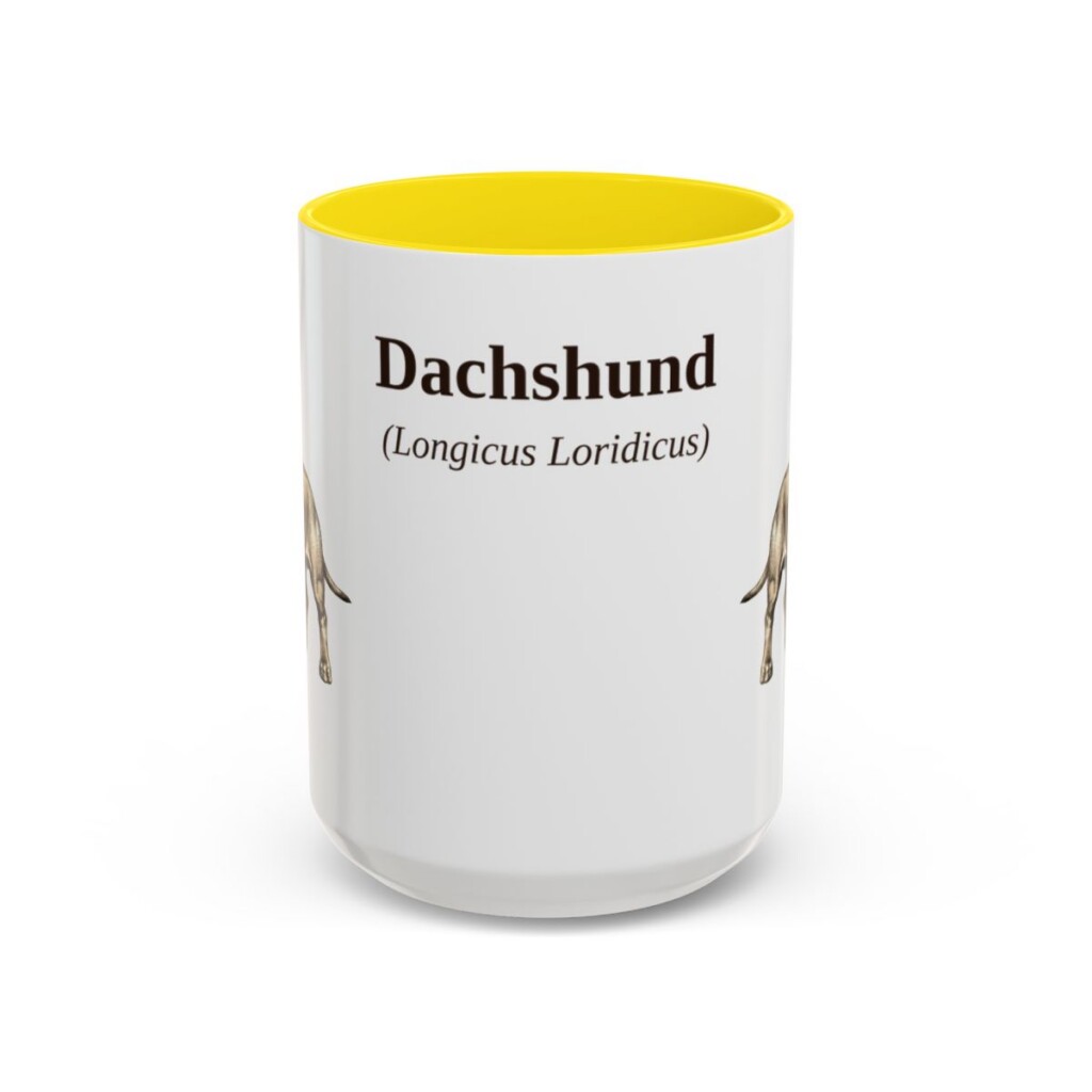 15oz Dachshund Latin Mug, Yellow, front view
