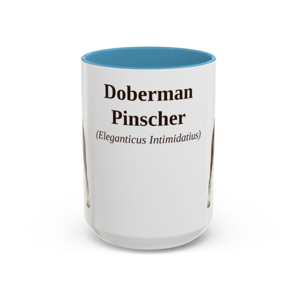 15oz Doberman Pinscher Latin Mug, Light Blue, front view