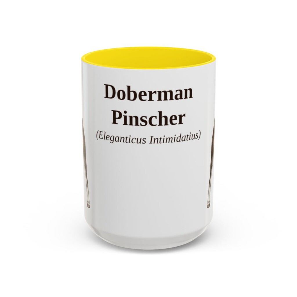 15oz Doberman Pinscher Latin Mug, Yellow, front view