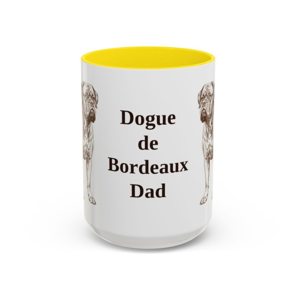 15oz Dogue de Bordeaux Dog Dad Mug, Yellow, front view