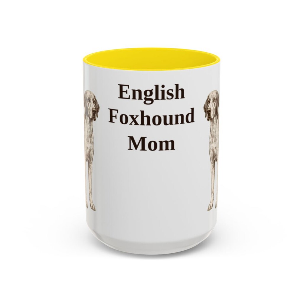 15oz English Foxhound Dog Mom Mug, Yellow, front view