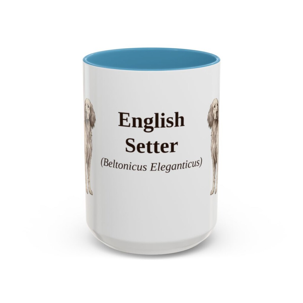 15oz English Setter Latin Mug, Light Blue, front view