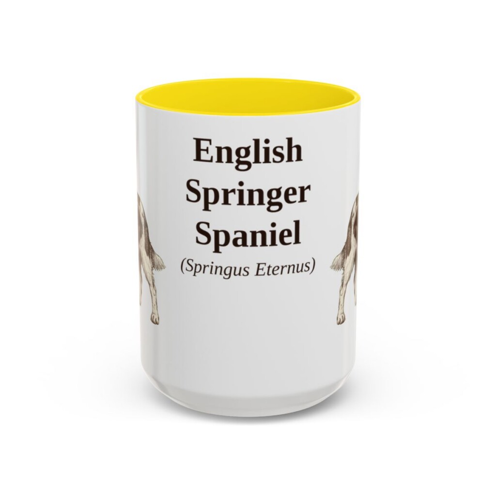 15oz English Springer Spaniel Latin Mug, Yellow, front view
