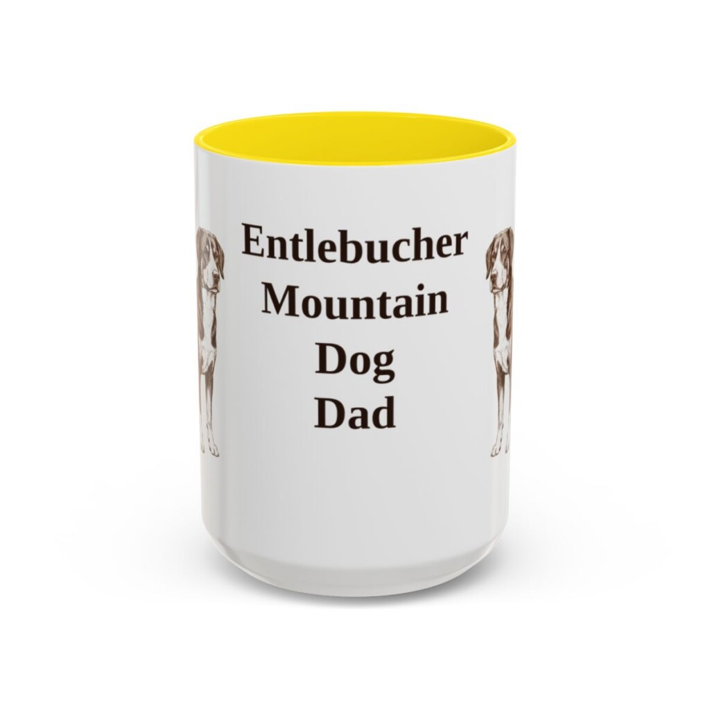 15oz Entlebucher Mountain Dog Dog Dad Mug, Yellow, front view