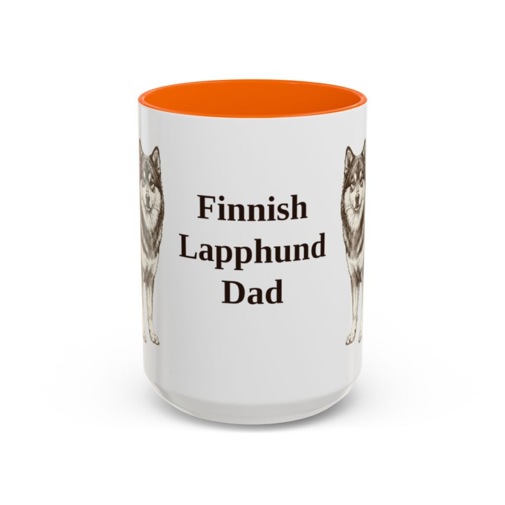 15oz Finnish Lapphund Dog Dad Mug, Orange, front view
