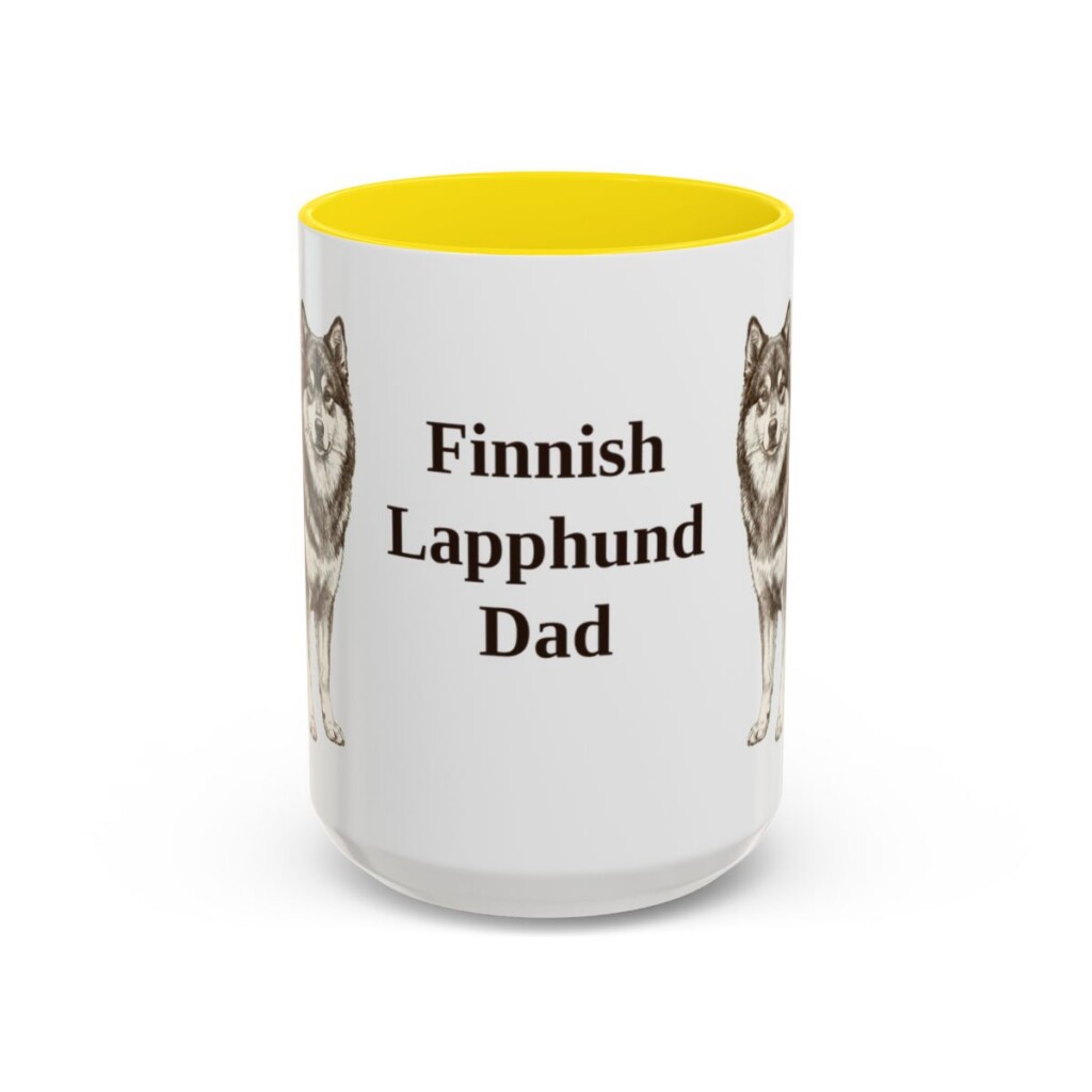15oz Finnish Lapphund Dog Dad Mug, Yellow, front view