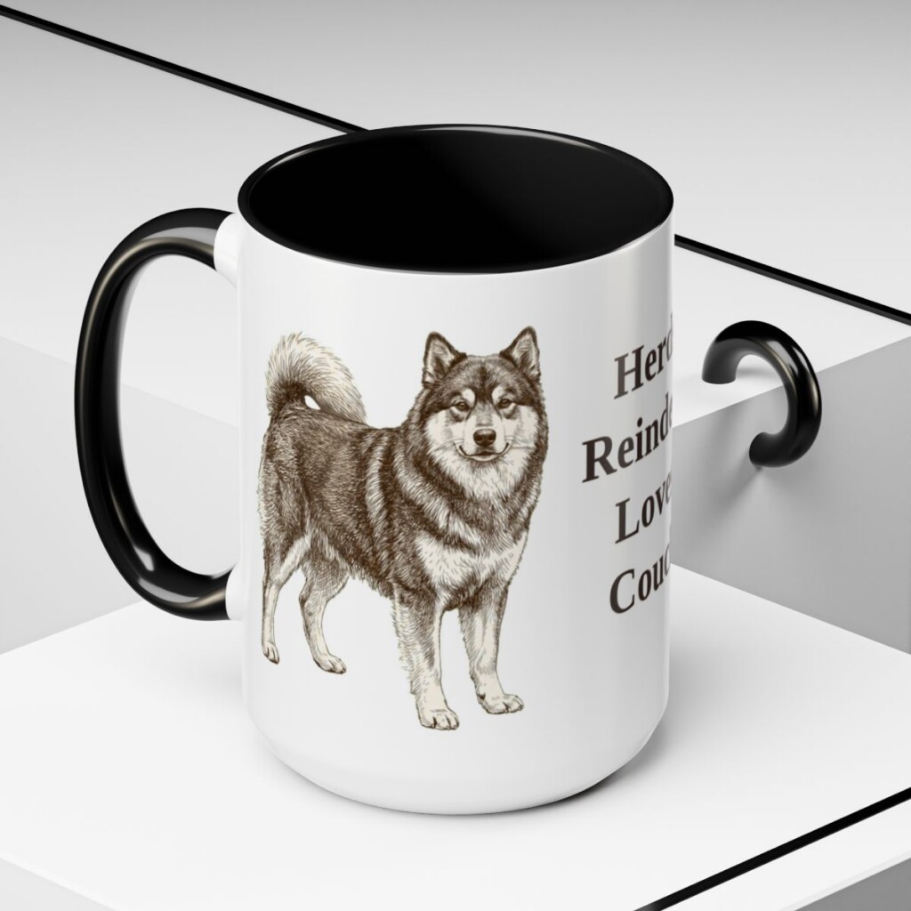 15oz Funny Finnish Lapphund Mug, Black, lifestyle photo
