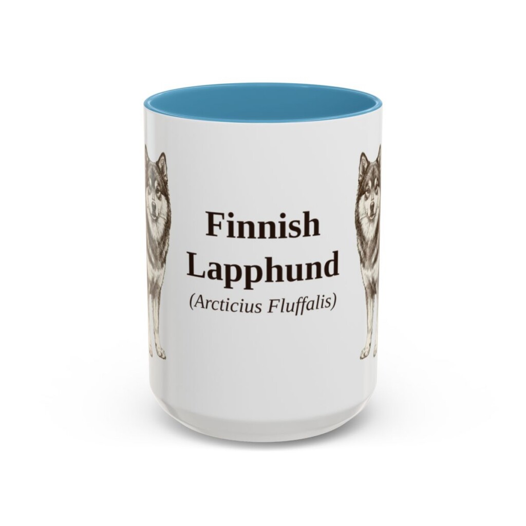 15oz Finnish Lapphund Latin Mug, Light Blue, front view