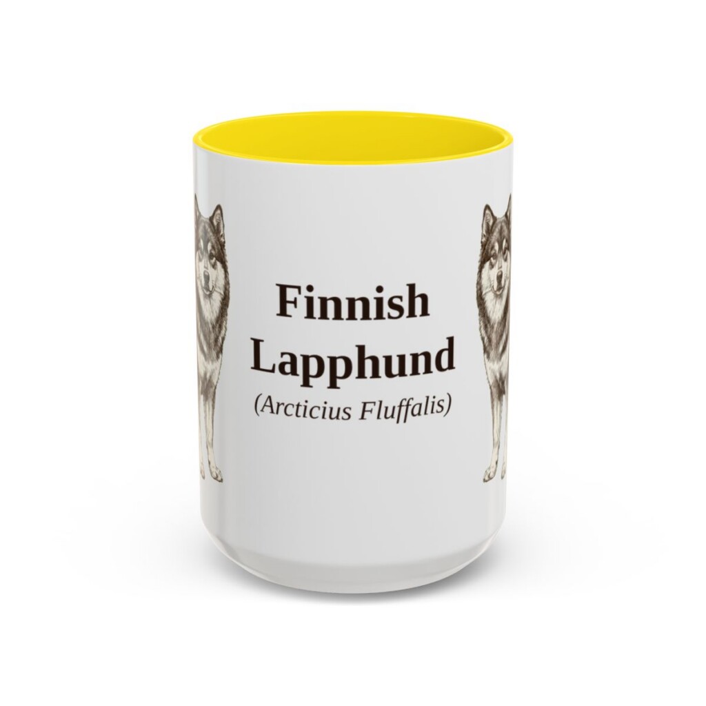 15oz Finnish Lapphund Latin Mug, Yellow, front view