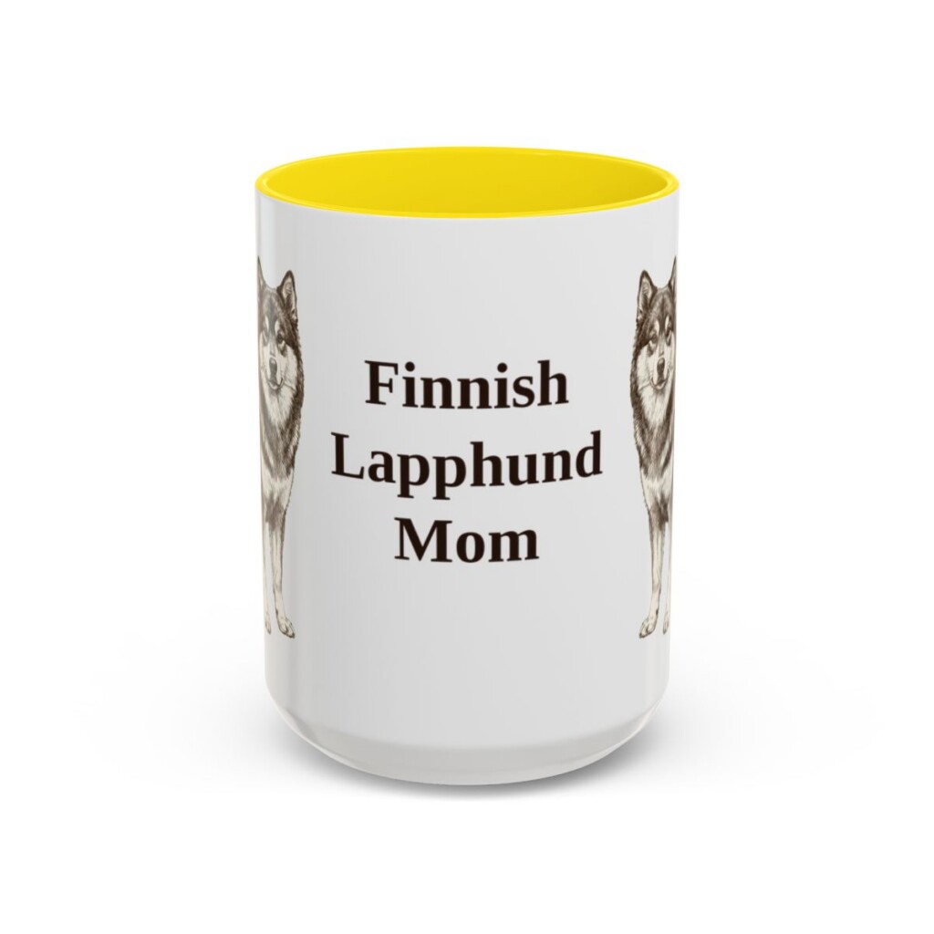 15oz Finnish Lapphund Dog Mom Mug, Yellow, front view