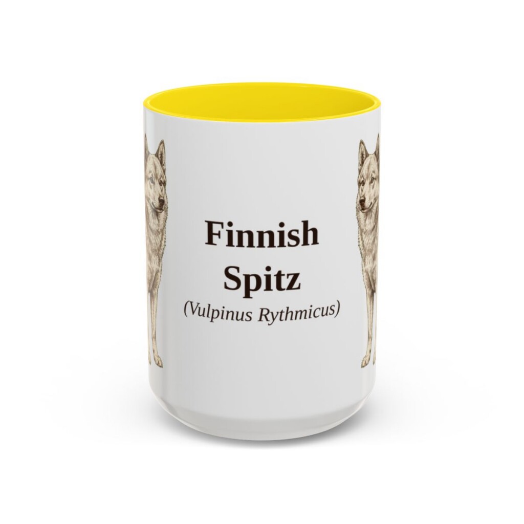 15oz Finnish Spitz Latin Mug, Yellow, front view
