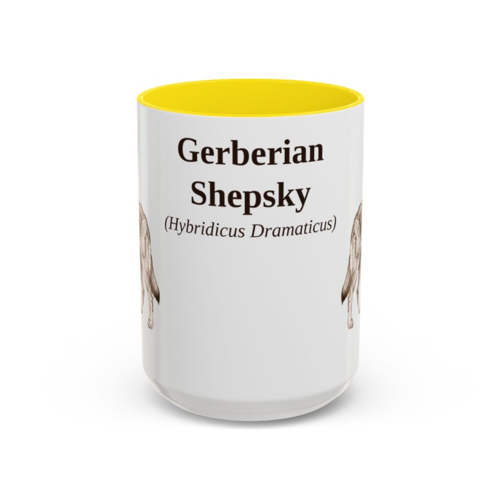 15oz Gerberian Shepsky Latin Mug, Yellow, front view