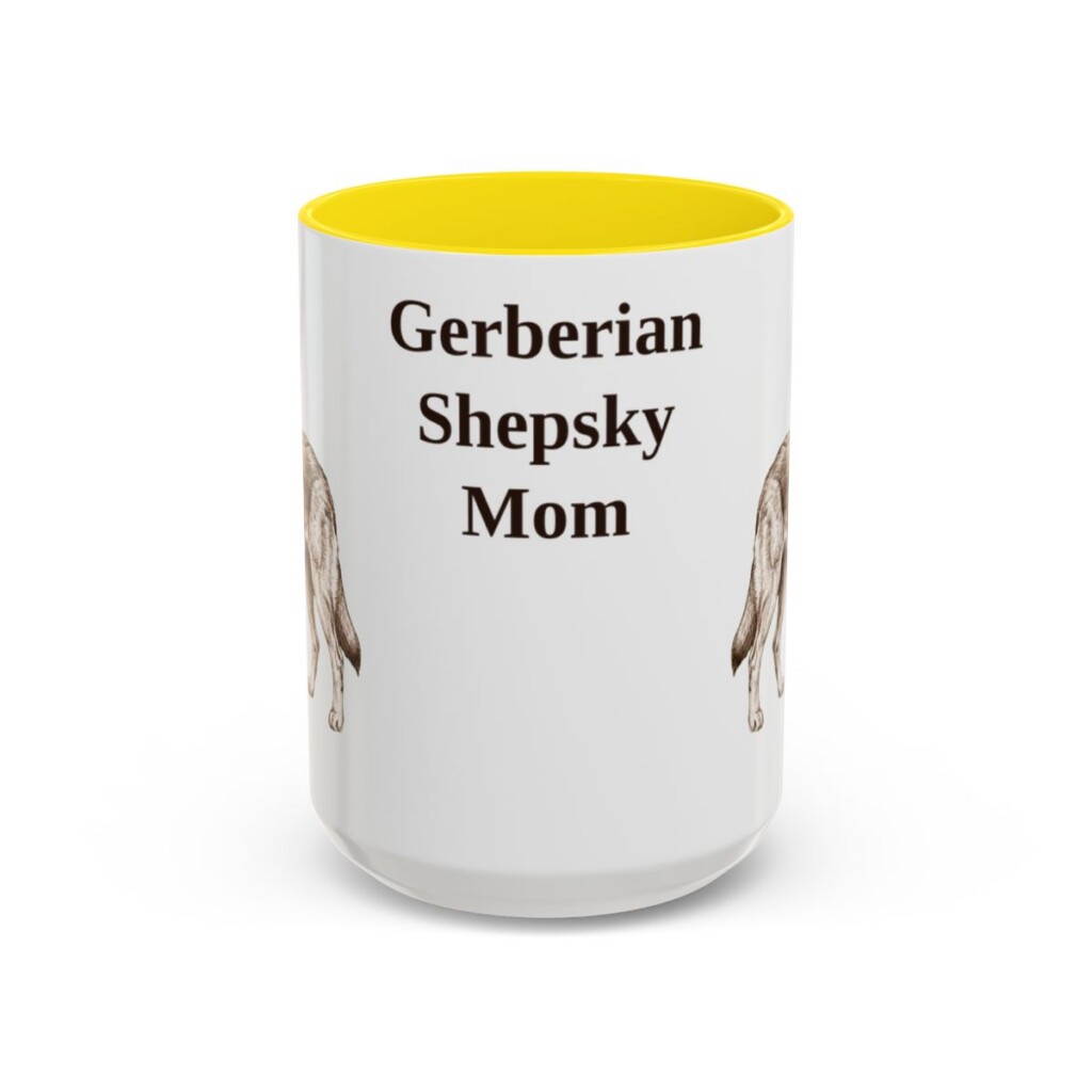 15oz Gerberian Shepsky Dog Mom Mug, Yellow, front view