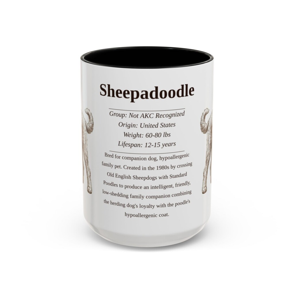 15oz Sheepadoodle Mug, Illustrated Dog Breed Facts Coffee Mug, Vintage Dog Keepsake Gift