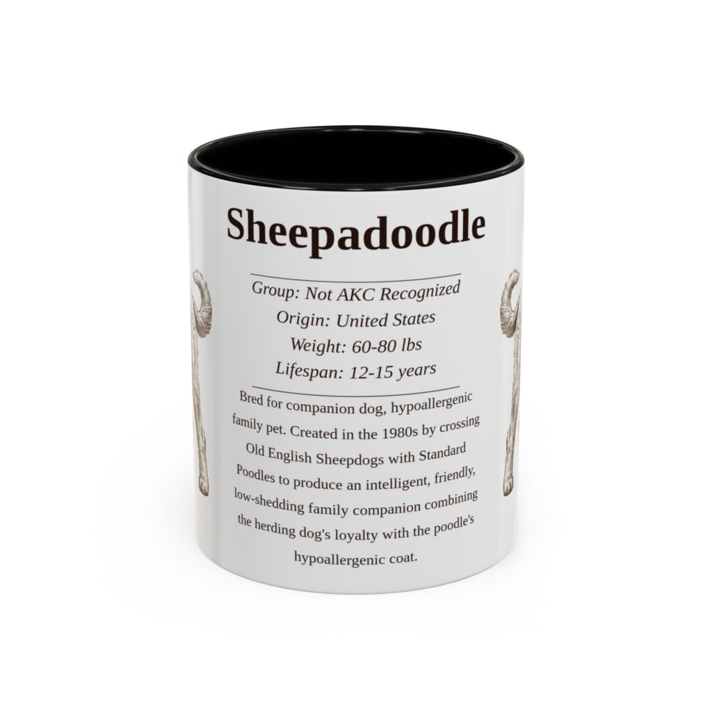 11oz Sheepadoodle Mug, Illustrated Dog Breed Facts Coffee Mug, Vintage Dog Keepsake Gift