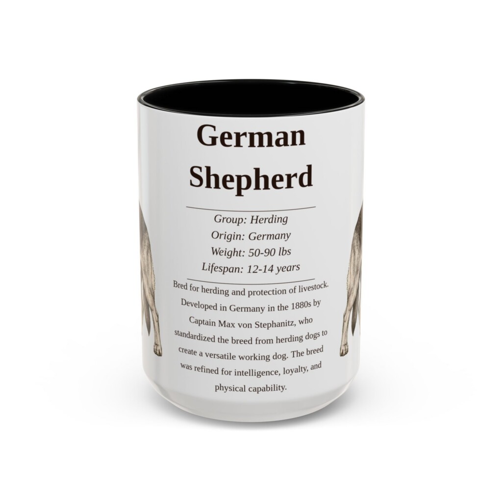 15oz German Shepherd Mug, Illustrated Dog Breed Facts Coffee Mug, Vintage Dog Keepsake Gift