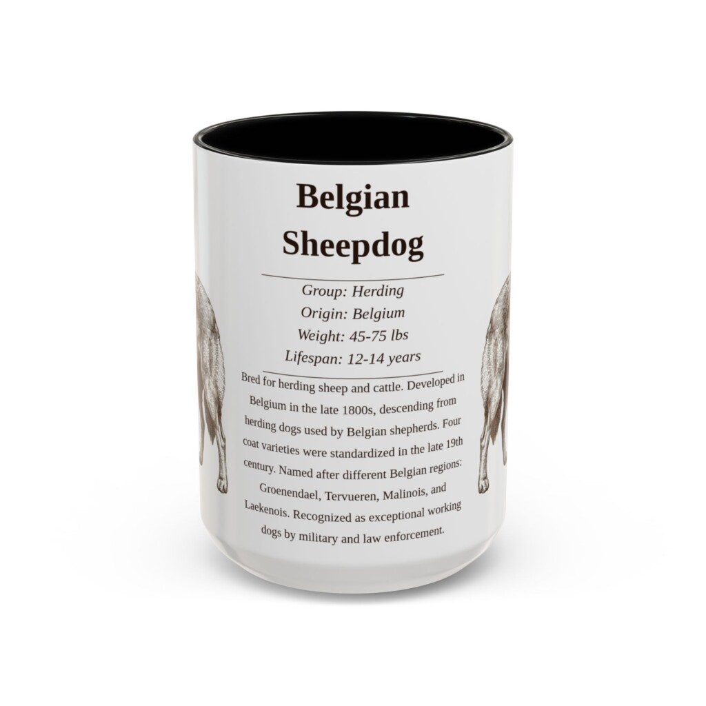 15oz Belgian Sheepdog Mug, Illustrated Dog Breed Facts Coffee Mug, Vintage Dog Keepsake Gift