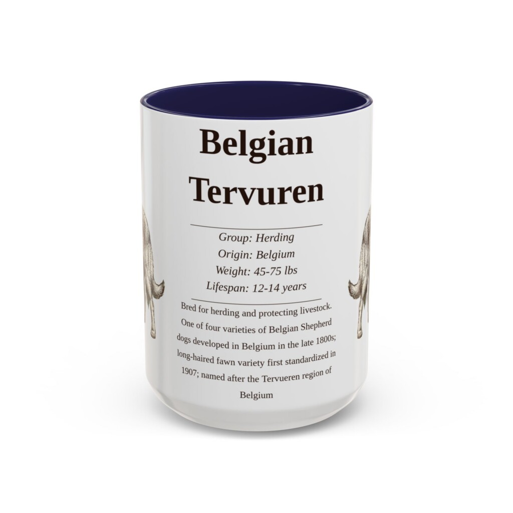 15oz Belgian Tervuren Mug, Illustrated Dog Breed Facts Coffee Mug, Vintage Dog Keepsake Gift