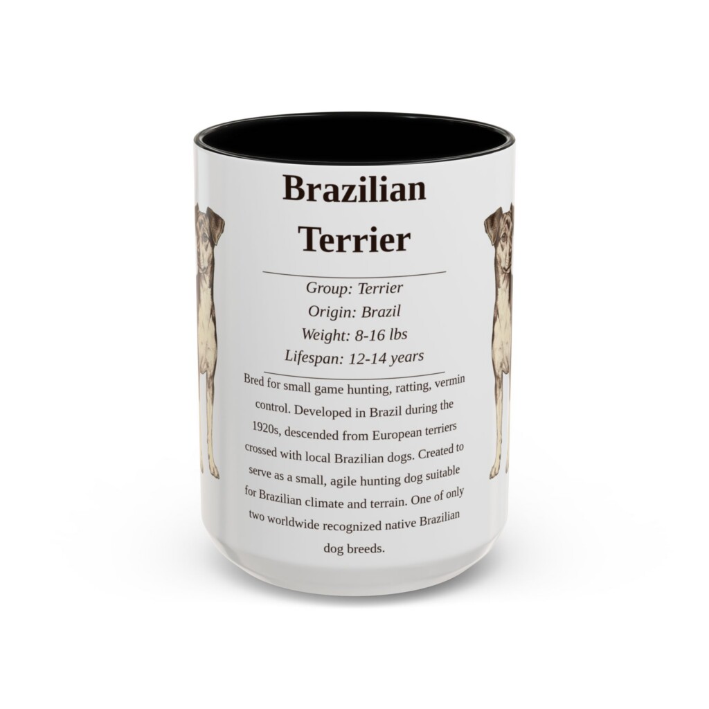 15oz Brazilian Terrier Mug, Illustrated Dog Breed Facts Coffee Mug, Vintage Dog Keepsake Gift