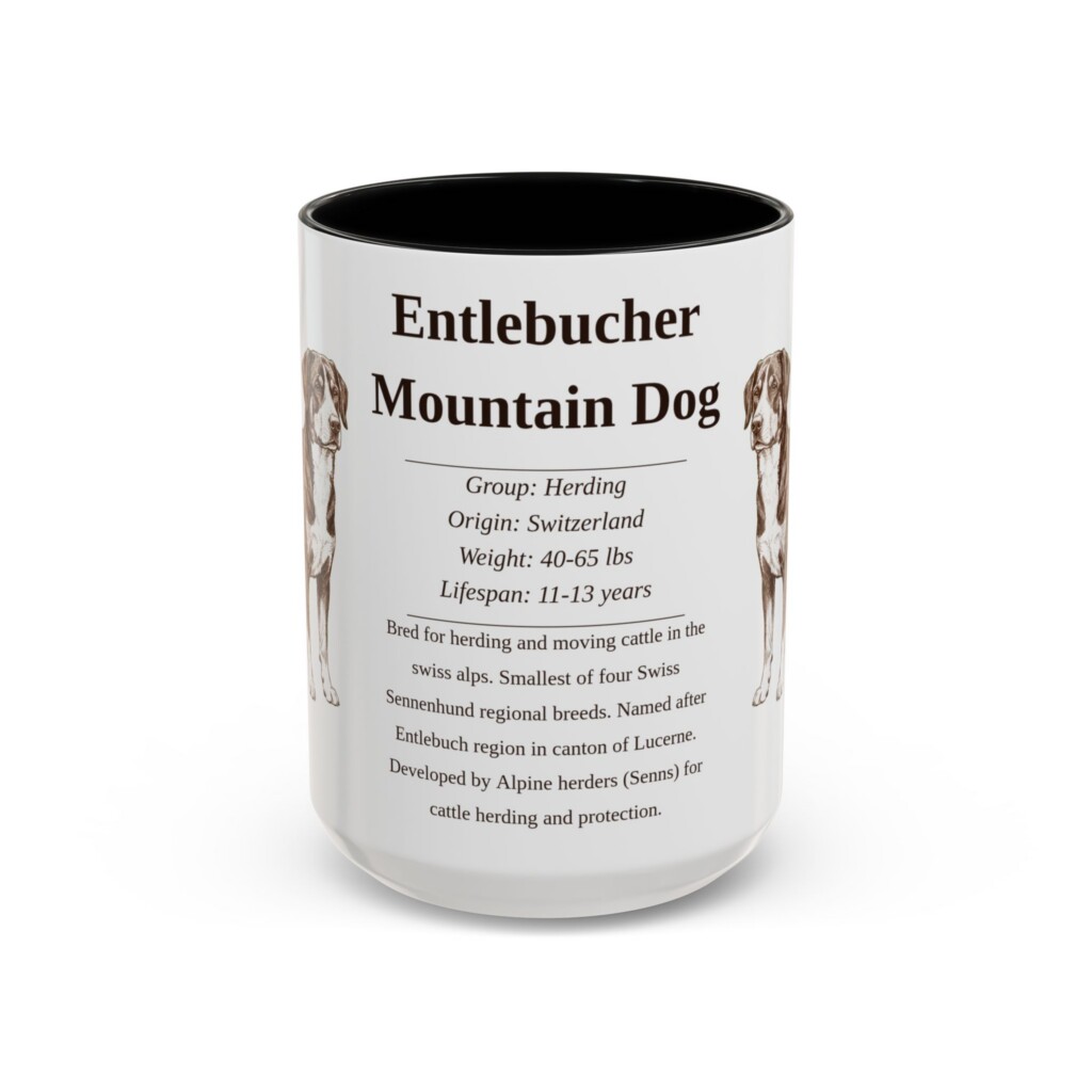 15oz Entlebucher Mountain Dog Mug, Illustrated Dog Breed Facts Coffee Mug, Vintage Dog Keepsake Gift