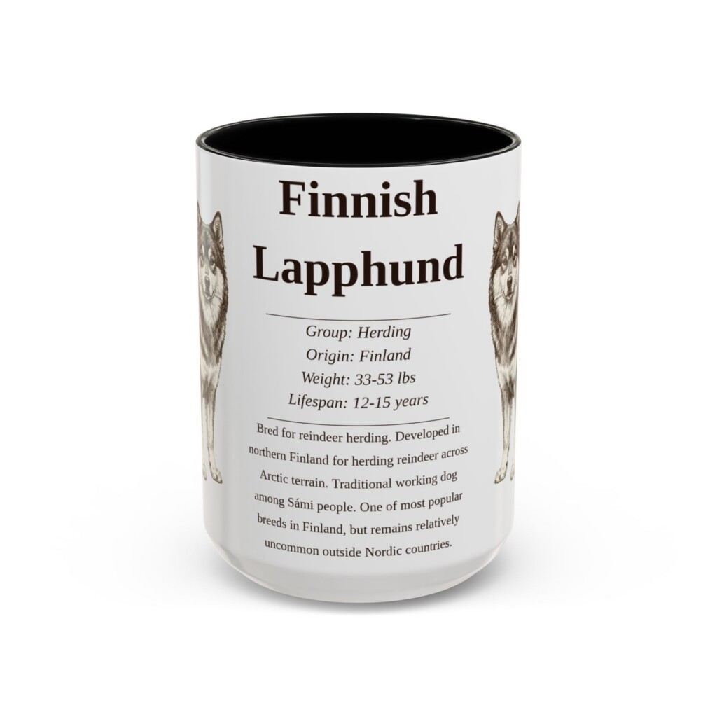 15oz Finnish Lapphund Mug, Illustrated Dog Breed Facts Coffee Mug, Vintage Dog Keepsake Gift