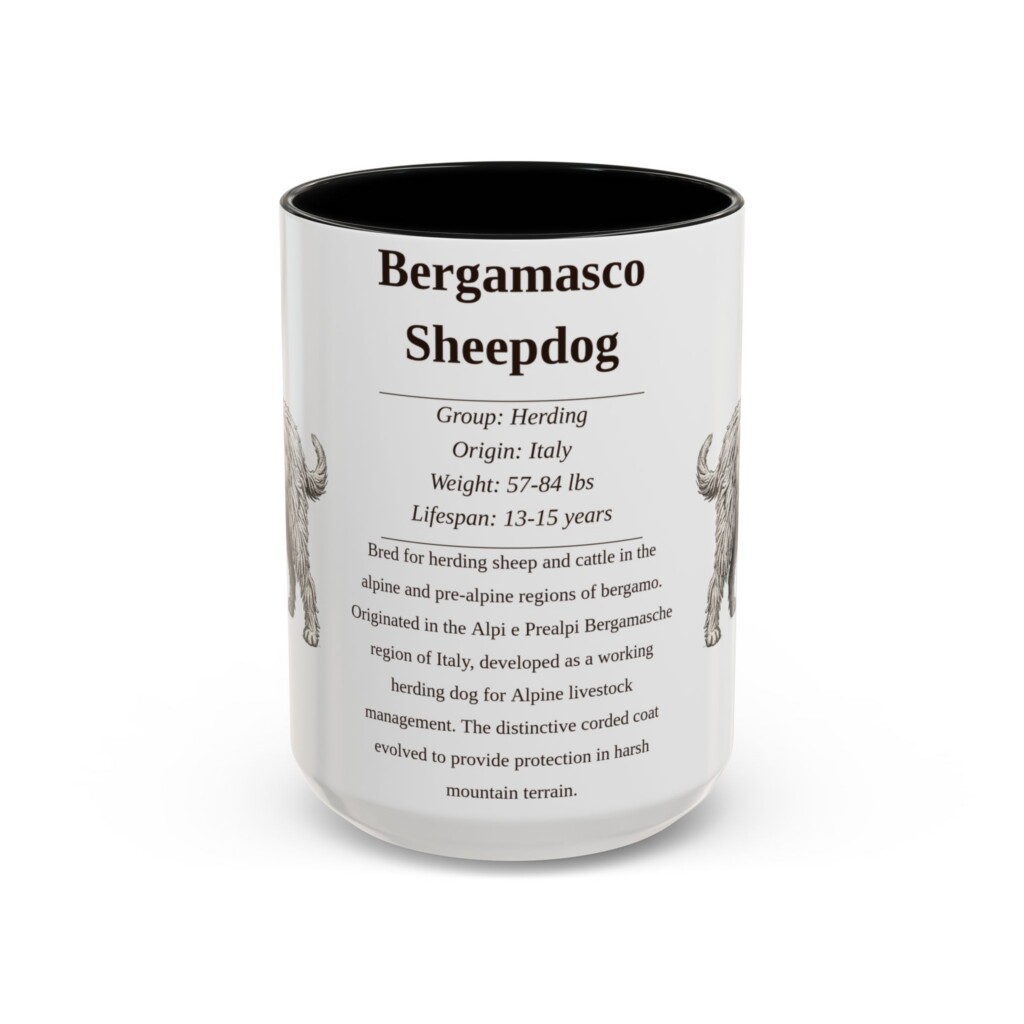 15oz Bergamasco Sheepdog Mug, Illustrated Dog Breed Facts Coffee Mug, Vintage Dog Keepsake Gift