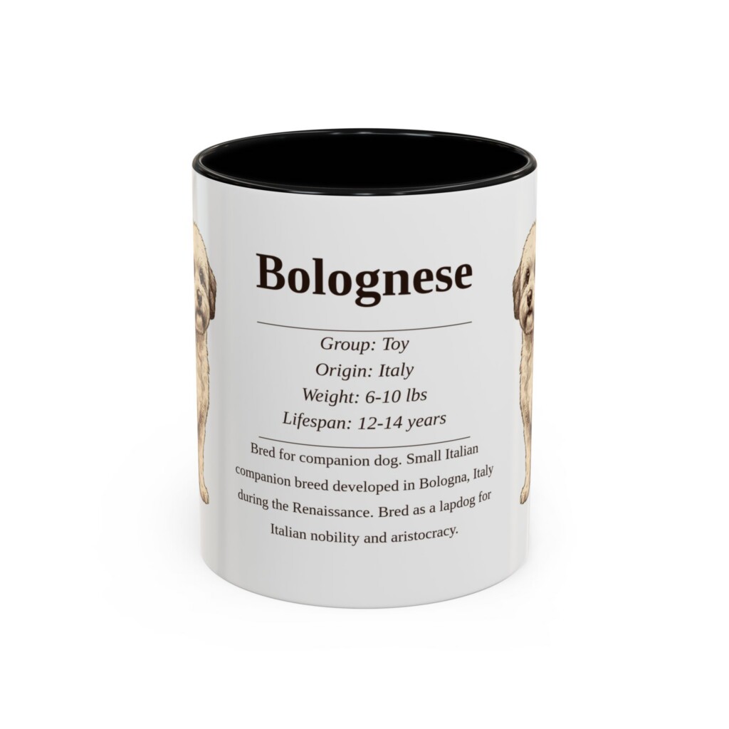 11oz Bolognese Mug, Illustrated Dog Breed Facts Coffee Mug, Vintage Dog Keepsake Gift