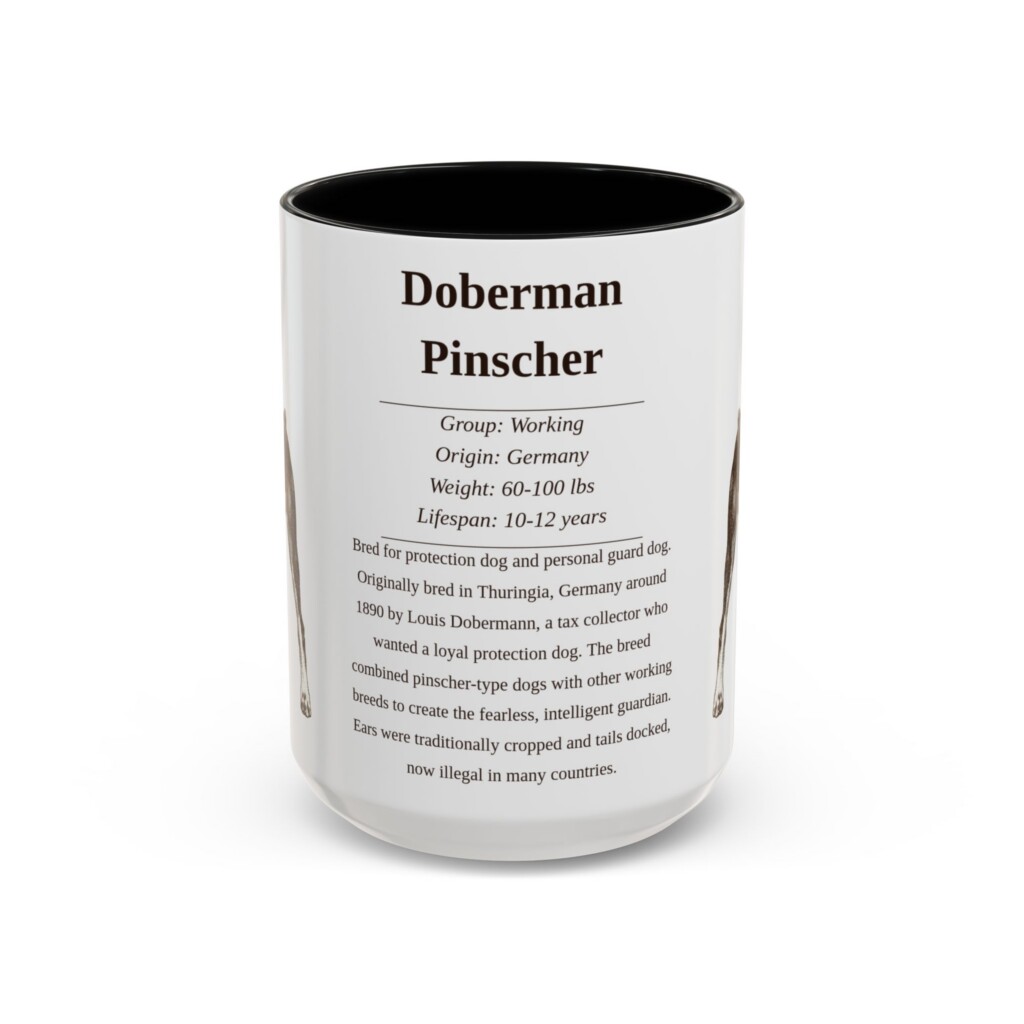 15oz Doberman Pinscher Mug, Illustrated Dog Breed Facts Coffee Mug, Vintage Dog Keepsake Gift