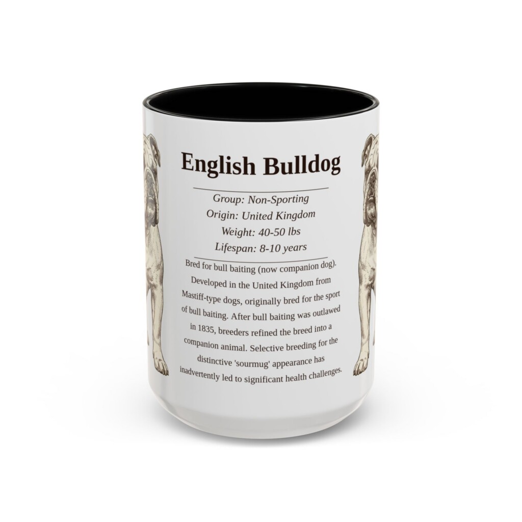 15oz English Bulldog Mug, Illustrated Dog Breed Facts Coffee Mug, Vintage Dog Keepsake Gift