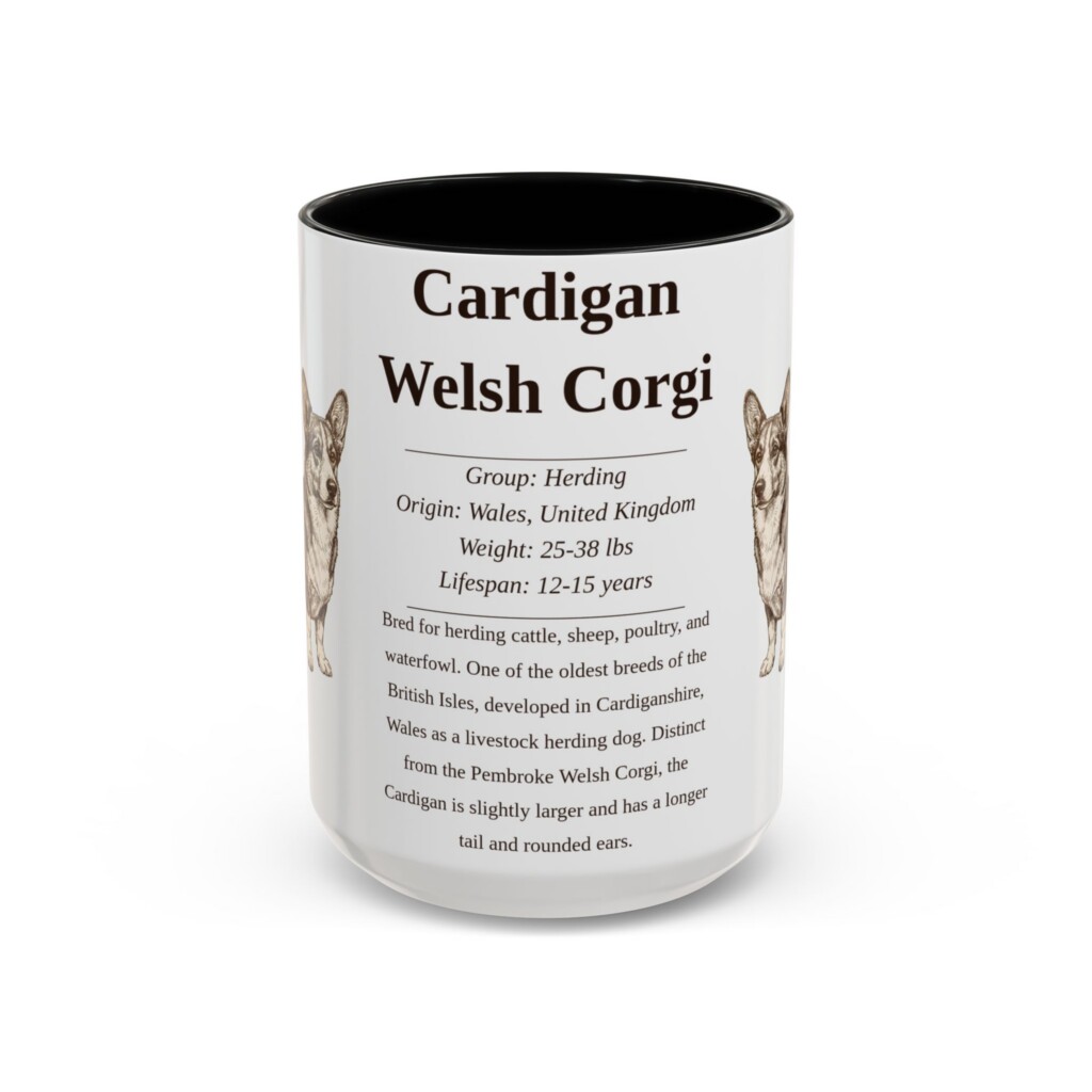 15oz Cardigan Welsh Corgi Mug, Illustrated Dog Breed Facts Coffee Mug, Vintage Dog Keepsake Gift