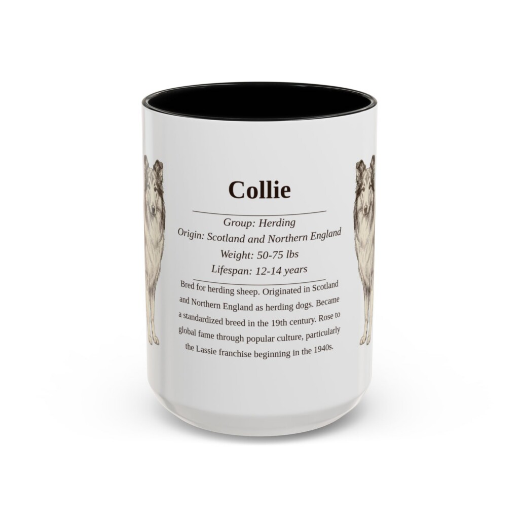 15oz Collie Mug, Illustrated Dog Breed Facts Coffee Mug, Vintage Dog Keepsake Gift